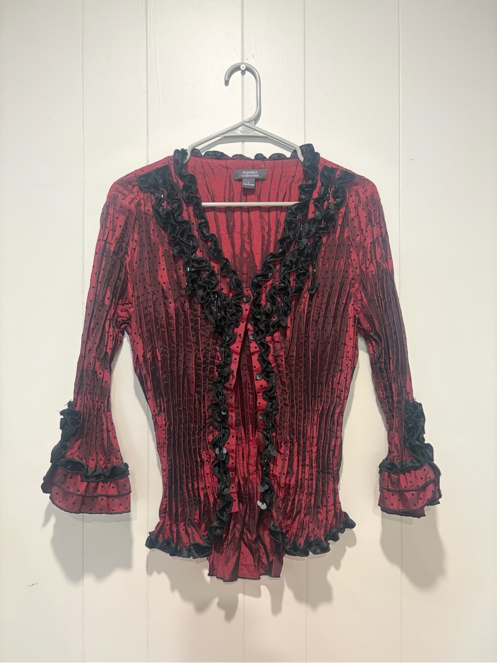 dressbarn Red Velvet-Texture Blouse with Black Ruffle Trim